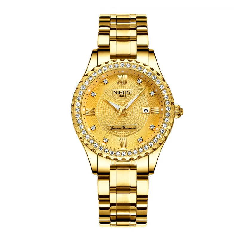 NIBOSI-Relógio feminino de aço inoxidável, pulseira de ouro feminino, bracelete clássico, relógio feminino, marca de topo, luxo