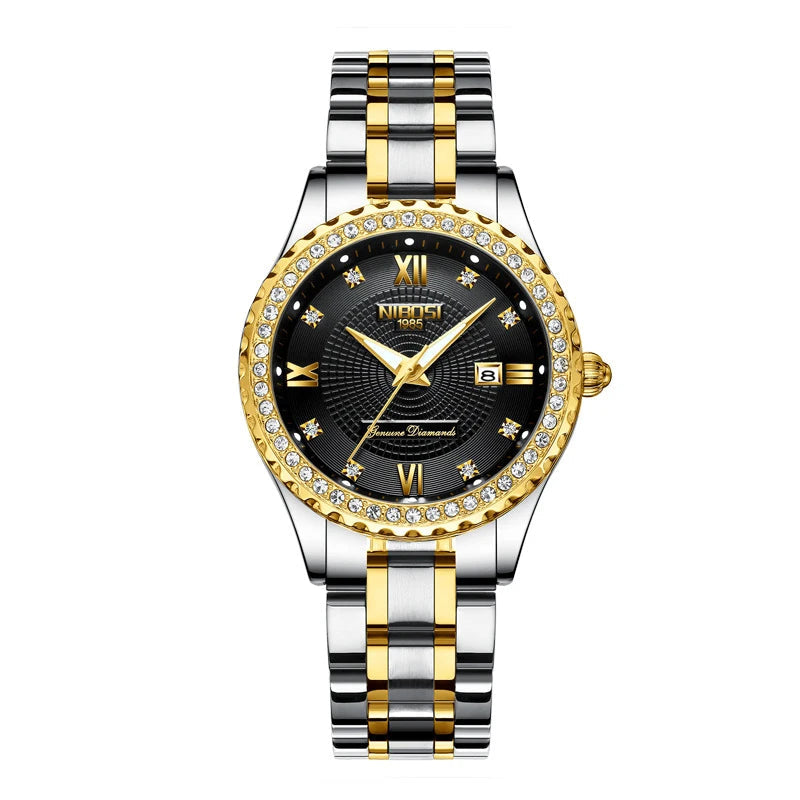 NIBOSI-Relógio feminino de aço inoxidável, pulseira de ouro feminino, bracelete clássico, relógio feminino, marca de topo, luxo