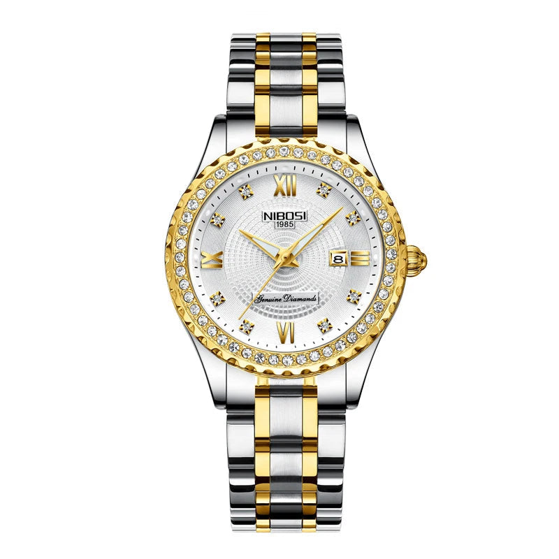 NIBOSI-Relógio feminino de aço inoxidável, pulseira de ouro feminino, bracelete clássico, relógio feminino, marca de topo, luxo
